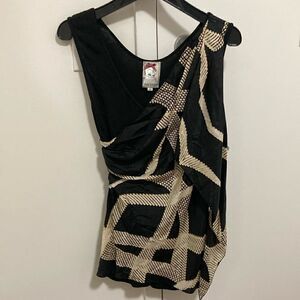 Yoana Barsschi Silk sleeveless Draped Blouse in Geometric Print Over Black Knit